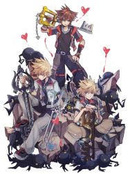 Rule 34 | 3boys, after battle, arm support, blonde hair, blue eyes, brown hair, dirty, dirty face, dual wielding, hand on own hip, heart, heartless, holding, indian style, jacket, jewelry, keyblade, kingdom hearts, kingdom hearts birth by sleep, kingdom hearts ii, kingdom hearts iii, kingdom key, looking at viewer, male focus, multiple boys, necklace, oathkeeper, oblivion (keyblade), over shoulder, planted, roxas, serious, shoes, simple background, sitting, smile, sneakers, sora (kingdom hearts), standing, symbol-only commentary, ventus (kingdom hearts), weapon, weapon over shoulder, wristband, yurichi (artist)