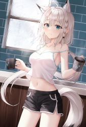 Rule 34 | 1girl, ahoge, animal ear fluff, animal ears, bare arms, bare shoulders, black shorts, blue eyes, blush, braid, breasts, camisole, closed mouth, coffee, coffee mug, cowboy shot, crop top, cup, dolphin shorts, dutch angle, extra ears, fox ears, fox girl, fox tail, highres, holding, holding cup, hololive, indoors, long hair, looking at viewer, medium breasts, midriff, mug, navel, omul, shirakami fubuki, shirt, short shorts, shorts, silver hair, smile, solo, standing, strap slip, tail, very long hair, virtual youtuber, white shirt, window