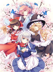 Rule 34 | 4girls, adapted costume, apron, ascot, between fingers, black dress, blonde hair, blue dress, blue eyes, braid, brown eyes, brown hair, bug, butterfly, capelet, cherry blossoms, dress, hakurei reimu, hand fan, hat, hat ribbon, highres, holding, insect, izayoi sakuya, juliet sleeves, kirisame marisa, knife, long sleeves, maid, maid apron, maid headdress, multiple girls, one eye closed, open mouth, perfect cherry blossom, petals, philomelalilium, pink eyes, pink hair, puffy sleeves, ribbon, saigyouji yuyuko, scarf, sendai hakurei no miko, shirt, silver hair, skirt, skirt set, smile, spell card, touhou, translation request, twin braids, veil, waist apron, wide sleeves, witch hat, yellow eyes