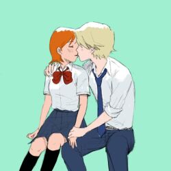 Rule 34 | 1boy, 1girl, couple, digimon, hetero, ishida yamato, kiss, necktie, ribbon, school uniform, takenouchi sora