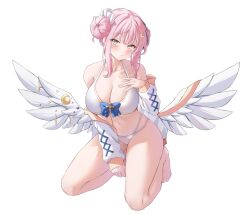 Rule 34 | 1girl, absurdres, angel wings, bare legs, bare shoulders, barefoot, bikini, blue archive, blush, breasts, cleavage, closed mouth, collarbone, crescent, crescent hair ornament, crescent pin, double bun, feathered wings, full body, hair bun, hair ornament, highres, kneeling, large breasts, long sleeves, looking at viewer, mika (blue archive), pink hair, reneua, shirt, short hair, simple background, solo, swimsuit, white background, white bikini, white shirt, white wings, wings, yellow eyes