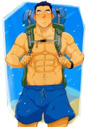 Rule 34 | 1boy, :/, abs, amaimao, backpack, bag, bara, blue hair, blue shorts, blush, bulge, dark blue hair, feet out of frame, highres, hiking, hiking pole, large pectorals, looking at viewer, male focus, muscular, muscular male, navel, navel hair, nipples, original, pectorals, short hair, shorts, shy, solo, standing, sweat, topless male, wind