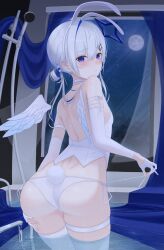 Rule 34 | 1girl, absurdres, amane kanata, angel wings, animal ears, ass, back, bare shoulders, bath, bikini, bikini bottom only, blush, choker, fingerless gloves, from behind, gloves, hair ornament, hairband, hairclip, has bad revision, has cropped revision, highres, hololive, leotard, looking at viewer, looking back, moon, nontraditional playboy bunny, parted lips, playboy bunny, purple eyes, rabbit ears, rabbit tail, raised eyebrows, revision, side-tie bikini bottom, solo, swimsuit, tail, thighhighs, tojo aoi, vest, virtual youtuber, wading, water, white bikini, white choker, white gloves, white hair, white hairband, white vest, white wings, wings