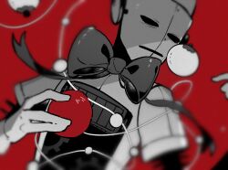 Rule 34 | 1other, android, anyu0, ball, bauble, blurry, bow, bowtie, christmas ornaments, depth of field, don&#039;t starve, gears, half-closed eyes, hand up, highres, holding, hollow eyes, lying, monochrome, on back, red background, red theme, simple background, string, upper body, wx-78