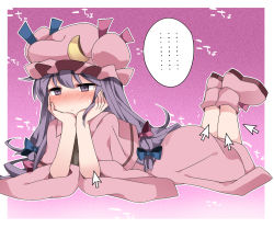 Rule 34 | 1girl, arrow (symbol), bad id, bad pixiv id, blush, boots, capelet, crescent, hair ribbon, hammer (sunset beach), hat, head rest, long hair, lying, mob cap, on stomach, patchouli knowledge, purple eyes, purple hair, ribbon, robe, solo, tickling, tickling arms, tickling legs, touhou, wide sleeves