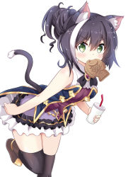 Rule 34 | 1girl, animal ear fluff, animal ears, bare shoulders, black hair, black thighhighs, blush, brown footwear, cat ears, cat girl, cat tail, commentary request, cup, food, food in mouth, frilled skirt, frills, green eyes, hair between eyes, holding, karyl (princess connect!), looking at viewer, massala, multicolored hair, princess connect!, purple skirt, shirt, simple background, skirt, sleeveless, sleeveless shirt, solo, streaked hair, tail, taiyaki, thighhighs, wagashi, white background, white hair, white shirt