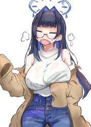 Rule 34 | 1girl, breast lift, breasts, closed eyes, denim, glasses, halo, highres, hololive, hololive english, large breasts, lifting own clothes, mechanical halo, official alternate costume, ontama (artbox186), open mouth, ouro kronii, saliva, shirt, sleeveless, sleeves past fingers, sleeves past wrists, sweat, turtleneck, virtual youtuber, wet, wet clothes, wet shirt