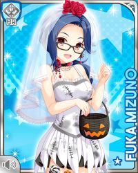 Rule 34 | 1girl, basket, blue background, blue hair, candy, card, character name, costume, dress, earrings, flower, food, girlfriend (kari), glasses, halloween, jack-o&#039;-lantern, jewelry, lollipop, looking at viewer, mizuno fuka, official art, open mouth, qp:flapper, red eyes, rose, smile, solo, stitching, tagme, veil, white dress