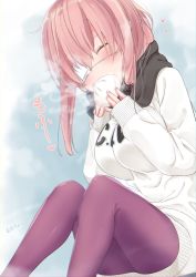 Rule 34 | 1girl, baozi, blush, cold, eyepatch, closed eyes, female focus, food, heart, nei (os), original, os (os fresa), pantyhose, pink hair, pointy ears, purple pantyhose, solo, twitter username, winter clothes
