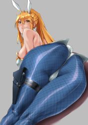 Rule 34 | 1girl, animal ears, artoria pendragon (all), artoria pendragon (fate), artoria pendragon (swimsuit ruler) (fate), ass, bare shoulders, bent over, blonde hair, blue pantyhose, braid, fake animal ears, fate/grand order, fate (series), fishnet pantyhose, fishnets, french braid, from below, green eyes, huge ass, leotard, long hair, looking at viewer, looking back, obmas, pantyhose, playboy bunny, ponytail, rabbit ears, rabbit tail, solo, tail, thick thighs, thigh strap, thighs, very long hair, wide hips