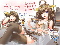 Rule 34 | 10s, 4girls, abo (hechouchou), ahoge, blue eyes, braid, breasts, brown hair, cleavage, cup, damage control crew (kancolle), detached sleeves, drooling, closed eyes, giant, giantess, hairband, helmet, hiei (kancolle), japanese clothes, kantai collection, kongou (kancolle), machinery, multiple giantesses, multiple girls, one eye closed, open clothes, open shirt, personification, poking, shirt, siblings, sisters, sleeping, tea, teapot, thighhighs, translated, turret, wink, zettai ryouiki