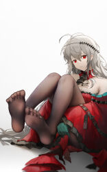 Rule 34 | 1girl, antenna hair, arknights, ascot, bare shoulders, black ascot, blue gloves, dress, feet, foot focus, full body, gloves, grey hair, highres, hugging own legs, knees up, long hair, long sleeves, looking at viewer, no shoes, pantyhose, parted lips, red dress, red eyes, simple background, sitting, skadi (arknights), skadi the corrupting heart (arknights), soles, solo, toes, very long hair, white background, yuuki mix