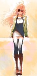 Rule 34 | 1girl, bad id, bad pixiv id, belt boots, black thighhighs, blazer, blonde hair, boots, brown footwear, cross-laced footwear, hoshii miki, idolmaster, idolmaster (classic), jacket, knee boots, lace-up boots, long hair, rod (rod4817), smile, sunglasses, thighhighs, zettai ryouiki