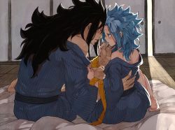 Rule 34 | 1boy, 1girl, ass, barefoot, blue hair, blue kimono, blush, breasts, brown eyes, chin piercing, couple, ear piercing, fairy tail, from behind, futon, gajeel redfox, hair between eyes, hand on back, hip focus, imminent kiss, indoors, japanese clothes, kimono, levy mcgarden, long hair, medium breasts, nose piercing, open clothes, open kimono, parted lips, piercing, ribbon, rusky, sideboob, spiked hair, striped clothes, striped kimono, wide hips, yellow ribbon