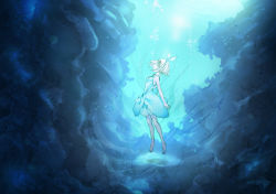 Rule 34 | 1girl, bare legs, barefoot, blonde hair, blue theme, closed eyes, hair ribbon, hairband, kagamine rin, mille (dieci), mirre, ribbon, solo, underwater, vocaloid