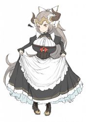 Rule 34 | 1girl, aliza (granblue fantasy), alternate costume, apron, boots, breasts, cleavage, clothing cutout, draph, enmaided, frown, granblue fantasy, hair pulled back, horns, huge breasts, jewelry, long hair, maid, maid apron, maid headdress, mikasayaki, puffy sleeves, red eyes, silver hair, skirt, tiara, underboob, underboob cutout, very long hair