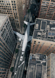 Rule 34 | aircraft, airplane, building, bush, car, city, commentary request, from above, highres, intersection, motor vehicle, no humans, original, outdoors, people, road, sadajiro, scenery, skyscraper, truck, urban, window