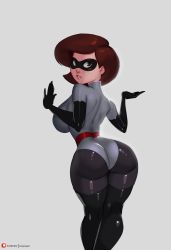 Rule 34 | 1girl, ass, back, bodysuit, breasts, brown eyes, brown hair, commentary, curvy, domino mask, elastigirl, elbow gloves, english commentary, from behind, gloves, helen parr, kneepits, large breasts, latex, latex gloves, leotard, lips, looking back, mask, mature female, morganagod, narrow waist, pantyhose, patreon username, shiny clothes, short hair, skin tight, solo, superhero costume, swept bangs, the incredibles, thick thighs, thighhighs, thighs