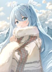 Rule 34 | 1girl, :o, blue eyes, blue hair, blue sky, blush, ccharles801, cloud, cloudy sky, day, from side, grey shawl, hair between eyes, hatsune miku, highres, long hair, long sleeves, looking at viewer, mountain, open mouth, outdoors, scarf, shawl, sidelocks, sky, solo, twintails, upper body, very long hair, vocaloid, white scarf, white shawl