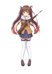 Rule 34 | 1girl, blue skirt, blush, brown hair, closed mouth, full body, girls&#039; frontline, gun, highres, holding, holding gun, holding weapon, kemo (pokka), long hair, looking at viewer, m14 (girls&#039; frontline), multicolored hair, red hair, skirt, smile, solo, thighhighs, twintails, two-tone hair, weapon, white thighhighs, yellow eyes
