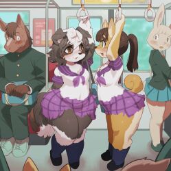Rule 34 | 1boy, 3girls, absurdres, animal ears, arm above head, bag, black hair, blush, bodypaint, breasts, brown eyes, brown hair, checkered clothes, constricted pupils, dog ears, dog tail, exhibitionism, eyebrows hidden by hair, female focus, furry, highres, horse ears, looking at another, medium breasts, multicolored hair, multiple girls, navel, nervous, open mouth, original, outdoors, plump, ponytail, public indecency, rabbit ears, rabbit tail, sanjiro (tenshin anman), school uniform, serafuku, shoes, short hair, sitting, skirt, socks, standing, sweatdrop, tail, thick thighs, thighs, train interior, two-tone hair, vest, wavy mouth, white hair, wide sleeves