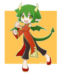 Rule 34 | 1girl, blush, brown eyes, china dress, chinese clothes, draco centauros, dragon girl, dragon horns, dragon tail, dragon wings, dress, fang, full body, green hair, horns, looking at viewer, open mouth, pointy ears, puyopuyo, red footwear, short hair, smile, solo, tail, takazaki piko, twitter username, wings