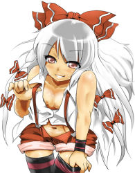 Rule 34 | 1girl, bad id, bad pixiv id, bare shoulders, bent over, bow, downblouse, female focus, fujiwara no mokou, hair bow, hyudora, long hair, midriff, multiple hair bows, navel, red eyes, shorts, smile, solo, striped clothes, striped thighhighs, suspenders, sweat, thighhighs, touhou, white hair