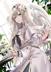 Rule 34 | 1girl, akatsuki hijiri, angel wings, black neckerchief, blue archive, capelet, closed mouth, dress, feathered wings, flower, hair flower, hair ornament, halo, highres, light brown hair, light smile, long hair, looking at viewer, mechanical halo, nagisa (blue archive), neckerchief, pink flower, school uniform, serafuku, standing, white capelet, white dress, white flower, white serafuku, white wings, wings