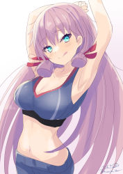 Rule 34 | 1girl, absurdres, akashi (kancolle), alternate costume, armpits, arms up, blue bra, blue eyes, blue pants, blunt tresses, bra, breasts, cleavage, dated, hair ribbon, highres, hizaka, kantai collection, large breasts, long hair, looking at viewer, navel, one-hour drawing challenge, pants, pink hair, ribbon, signature, solo, tongue, tongue out, tress ribbon, underwear, very long hair