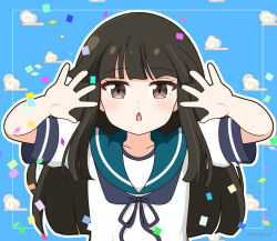 Rule 34 | 1girl, black hair, blue background, blue ribbon, blue sailor collar, blunt bangs, brown eyes, chestnut mouth, cloud, commentary request, confetti, hands up, hatsuyuki (kancolle), hime cut, kantai collection, long hair, looking at viewer, mitya, neck ribbon, parted lips, puffy short sleeves, puffy sleeves, ribbon, sailor collar, shirt, short sleeves, solo, twitter username, upper body, very long hair, white shirt
