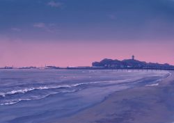 Rule 34 | beach, boat, commentary, enoshima, forest, gradient sky, highres, hirota (masasiv3), lighthouse, nature, no humans, ocean, outdoors, pier, purple sky, scenery, shore, sky, twilight, watercraft