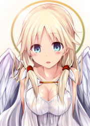 Rule 34 | 1girl, angel, angel wings, bare shoulders, blonde hair, blue eyes, blush, breasts, cleavage, collarbone, commentary request, dress, hair between eyes, hair over shoulder, hair ribbon, halo, highres, long hair, looking at viewer, medium breasts, no bra, open mouth, original, ribbon, see-through, sen (astronomy), simple background, sleeveless, sleeveless dress, solo, tress ribbon, white background, white dress, wings