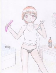 Rule 34 | 1girl, alcohol, bed, bedroom, black panties, blush, bottle, breasts, calendar (object), collarbone, controller, cup, desk, dildo, drink, drinking glass, fangs, february, game controller, grin, hitachi magic wand, holding, jack daniel&#039;s, looking at viewer, midriff, nikki (omocommando), omocommando, panties, red eyes, red hair, sex toy, shirt, short hair, shot glass, small breasts, smile, standing, tank top, teeth, underwear, vampire, wall, whiskey, white shirt