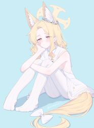 Rule 34 | 1girl, absurdres, animal ear fluff, animal ears, blonde hair, blue archive, blue background, blush, breasts, closed mouth, dress, extra ears, fox ears, fox tail, full body, halo, highres, long hair, pantyhose, seia (blue archive), simple background, sleeveless, sleeveless dress, small breasts, solo, striped clothes, striped pantyhose, suisuisuko, tail, twitter username, vertical-striped clothes, vertical-striped pantyhose, white dress, white pantyhose, yellow eyes, yellow halo