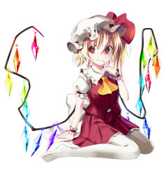 Rule 34 | 1girl, ascot, blonde hair, finger to mouth, flandre scarlet, hat, hat ribbon, looking at viewer, mob cap, puffy short sleeves, puffy sleeves, red eyes, ribbon, sash, shirt, short sleeves, side ponytail, sitting, skirt, skirt set, smile, socha, solo, thighhighs, touhou, vest, wariza, white thighhighs, wings, wrist cuffs, zettai ryouiki