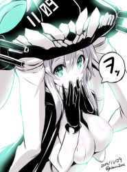 Rule 34 | 10s, 1girl, abyssal ship, akaza, black gloves, blue eyes, bodysuit, breasts, cape, colored skin, dated, gloves, kantai collection, large breasts, long hair, looking at viewer, pale skin, signature, silver hair, simple background, solo, white background, white skin, wo-class aircraft carrier