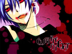 Rule 34 | 1boy, blood, blue hair, earrings, fangs, feathers, flower, jewelry, kaito (vocaloid), male focus, ousa, red eyes, rose, short hair, skull, smile, solo, vocaloid