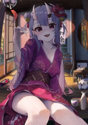 Rule 34 | 1girl, absurdres, akutonoeru, architecture, bell, breasts, commentary request, cup, double bun, drunk, east asian architecture, feet out of frame, grey hair, hair bell, hair bun, hair ornament, hand up, highres, holding, holding cup, hololive, horns, japanese clothes, kimono, long hair, long sleeves, looking at viewer, mask, mask on head, multicolored hair, nakiri ayame, obi, oni mask, open mouth, pink hair, red eyes, red kimono, sash, sitting, skin-covered horns, small breasts, smile, solo, streaked hair, thighs, virtual youtuber, wide sleeves, yukata