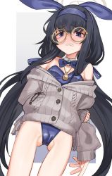 Rule 34 | 1girl, animal ears, ass, black hair, blue archive, blue eyes, blush, bow, bowtie, breasts, detached collar, fake animal ears, glasses, gluteal fold, hair between eyes, hairband, highres, jewelry, leotard, long hair, miyamae (miyazen9311), necklace, playboy bunny, rabbit ears, small breasts, sweater, ui (blue archive)