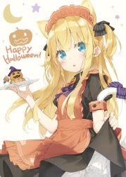 Rule 34 | 1girl, animal ears, apron, blonde hair, blue eyes, blush, bow, cat ears, cat tail, commentary request, english text, happy halloween, holding, holding clothes, holding plate, holding skirt, kani biimu, long hair, looking at viewer, maid, maid apron, open mouth, orange apron, original, plate, pumpkin, shimotsuki potofu, skirt, solo, tail, two side up