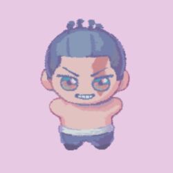 Rule 34 | 1boy, black hair, chibi, commentary, full body, grin, jujutsu kaisen, looking at viewer, male focus, muiboido, outstretched arms, pink background, scar, scar across eye, short hair, smile, solo, spread arms, straight-on, tareme, topless male, toudou aoi (jujutsu kaisen)