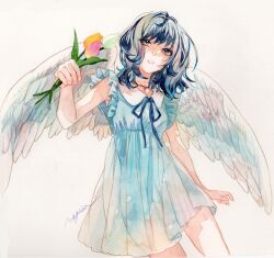 Rule 34 | 1girl, angel wings, art tools in frame, artist name, bare legs, blue dress, blue hair, blue ribbon, choker, clenched teeth, dress, feathered wings, flower, grey eyes, grid, hand up, highres, holding, holding flower, looking at viewer, medium hair, neck ribbon, original, paintbrush, painting (medium), parted lips, pen, photo (medium), pink flower, pink tulip, red choker, ribbon, signature, simple background, solo, srnmomo, standing, teeth, traditional media, tulip, watercolor (medium), white background, white flower, white tulip, white wings, wings