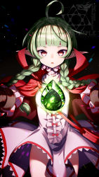 Rule 34 | 1girl, ahoge, black background, blunt bangs, bow, braid, brown gloves, cape, cluseller, commission, cowboy shot, dragonstone, dress, fire emblem, fire emblem awakening, gloves, green hair, highres, long hair, long sleeves, looking at viewer, nah (fire emblem), nintendo, pink dress, pointy ears, red bow, red cape, red eyes, sample watermark, skeb commission, solo, stone, twin braids, watermark