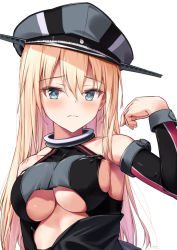 Rule 34 | 1girl, adapted costume, bare shoulders, bismarck (kancolle), blonde hair, blue eyes, blush, breasts, closed mouth, collarbone, detached sleeves, hair between eyes, hat, kantai collection, kokenashi, large breasts, long hair, military hat, peaked cap, simple background, solo, upper body, white background
