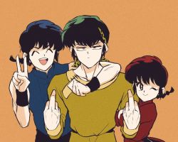 Rule 34 | 1girl, 2boys, hibiki ryouga, maru handa, middle finger, multiple boys, one eye closed, ranma-chan, ranma 1/2, saotome ranma, tagme, v