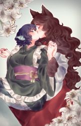 Rule 34 | 2girls, animal ears, arm hair, blue hair, blush, brown hair, commentary, curly hair, fingernails, fins, flower, head fins, highres, holding hands, imaizumi kagerou, interlocked fingers, japanese clothes, jewelry, lily (flower), long fingernails, long hair, mermaid, monster girl, multiple girls, orz (kagewaka), ring, short hair, sitting, sitting on lap, sitting on person, touhou, wakasagihime, wedding band, wife and wife, wolf ears, yuri