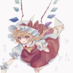 Rule 34 | 1girl, ascot, blonde hair, blush, bow, bright pupils, commentary request, crystal, distortion, flandre scarlet, flying, frilled shirt collar, frills, hair between eyes, hand up, hat, hat bow, looking at viewer, mob cap, one side up, outstretched arm, parted lips, petticoat, puffy short sleeves, puffy sleeves, red bow, red eyes, red skirt, red vest, short hair, short sleeves, simple background, skirt, slit pupils, smile, solo, sorani (kaeru0768), touhou, v-shaped eyebrows, vest, white background, white hat, white pupils, wings, wrist cuffs, yellow ascot
