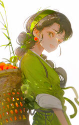 Rule 34 | 1girl, basket, blush, braid, brown hair, dappled sunlight, earrings, eyelashes, eyeshadow, food themed earrings, fruit basket, green eyes, green hairband, green kimono, hairband, japanese clothes, jewelry, kimono, long hair, looking at viewer, makeup, mian lang, open mouth, original, parted bangs, sidelocks, simple background, single braid, sleeves rolled up, smile, solo, sunlight, tomato, tomato earrings, traditional clothes, upper body, white background