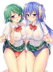 Rule 34 | 2girls, bikini, blue panties, blush, bow, bowtie, breast press, breasts, buruma, cameltoe, cleft of venus, clothes lift, covered erect nipples, crying, crying with eyes open, green eyes, green hair, green skirt, hair ornament, hair ribbon, large breasts, lifting own clothes, looking at viewer, multiple girls, nose blush, open clothes, open mouth, open vest, original, panties, plaid, plaid skirt, pussy juice, red bow, red bowtie, ribbon, sanshoku amido, see-through, see-through silhouette, shiny skin, shirt, short sleeves, skirt, skirt lift, sweat, sweater vest, swimsuit, swimsuit under clothes, symmetrical docking, tears, track uniform, underwear, vest, wet, wet clothes, white shirt, x hair ornament, yellow ribbon