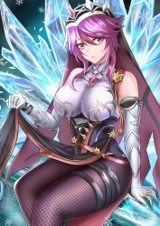 Rule 34 | 1girl, absurdres, akizuki momiji, bare shoulders, breasts, elbow gloves, fishnet pantyhose, fishnets, genshin impact, gloves, highres, huge filesize, ice, lifted by self, looking at viewer, medium breasts, nun, pantyhose, parted lips, purple hair, purple pantyhose, rosaria (genshin impact), sitting, solo, veil, yellow eyes